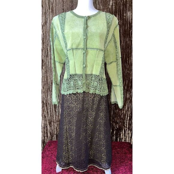 Women’s VTG Leather & Crochet Patchwork Cardigan Sweater - Picture 1 of 11